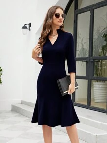 HOMEYEE 女士v領3/4袖復古休閑派對商務鉛筆工作裙,下擺設計如人魚尾巴