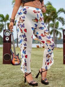 Flirla Loại bướm In Viền Ruffle Quần Kích thước lớn - trắng - Xem 7