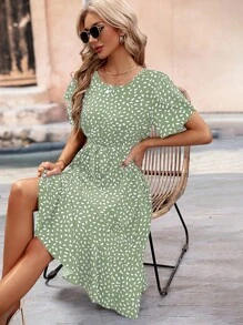Breezaya Floral Print Petal Sleeve Midi Dress - Green - View 4