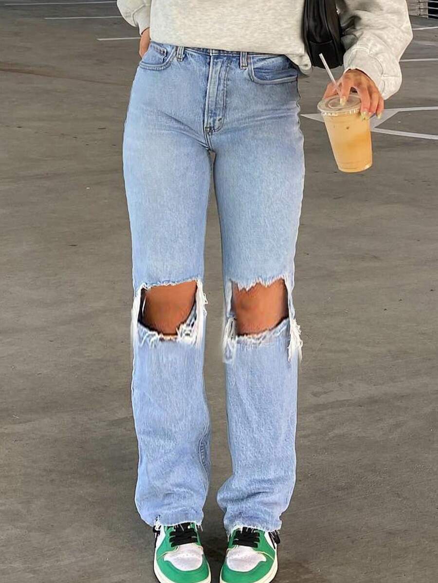 American Casual Knee Ripped Women Denim Jeans, All Season - Light Wash - View 1