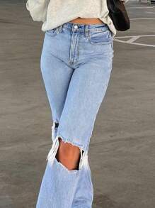 American Casual Knee Ripped Women Denim Jeans, All Season - Light Wash - View 3
