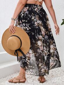 SHEIN VCAY Plus Size Women's Romantic Black Chiffon Floral Printed Layered Beach Skirt With Ruffle Hem For Summer Vacation - Black - View 2