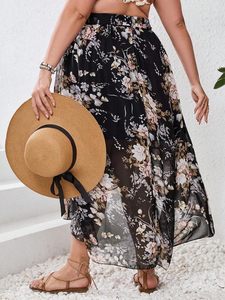 Plus Size Women's Romantic Black Chiffon Floral Printed Layered Beach Skirt With Ruffle Hem For Summer Vacation