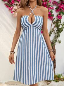 SHEIN VCAY Women's Striped Crisscross Halter Neck Music Festival  Dress - Blue and White - View 5