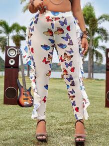 Flirla Loại bướm In Viền Ruffle Quần Kích thước lớn - trắng - Xem 5