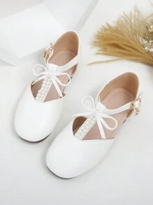 Nuevos diseños de bailarinas planas con perlas blancas y calados para niñas - Blanco - Ver 5