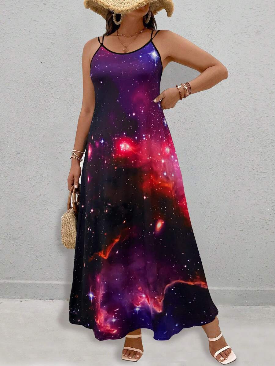 SHEIN LUNE 大尺碼寬鬆星空印花細肩帶連身裙 - 彩色 - 查看 1