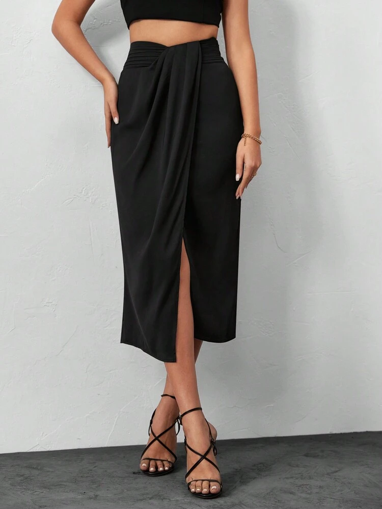Women's High Waist Slit Hem Skirt With Detailing