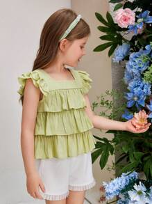 SHEIN Young Girl's Elegant Multilayer Ruffle Buttoned Shirt With Square Neckline - Green - View 4