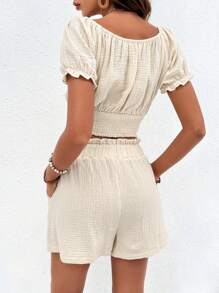 SHEIN Frenchy 假期風格麻紋包邊上衣和短褲套裝 - 杏色 - 查看 2