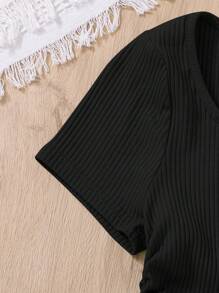 SHEIN Knitted Color Block Halter Neck 2 In 1 Ruffle Short Sleeve T-Shirt For Teen Girls