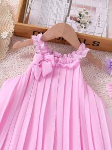 Trẻ Cô gái Màu thuần Xếp li Đầm Với Nơ Đồ trang trí Và Không tay Thiết kế - Hồng - Xem 6