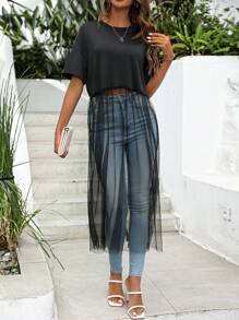 Chiquease 圓領網紗插片落肩短袖t恤 - 黑色 - 查看 3