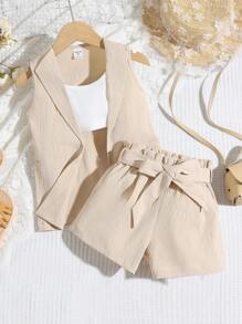 SHEIN Genkimix Kids Young Girls' Sleeveless Jacket & Bow Belt & Shorts Casual Fashion Suit For Daily Wear Summer Holiday