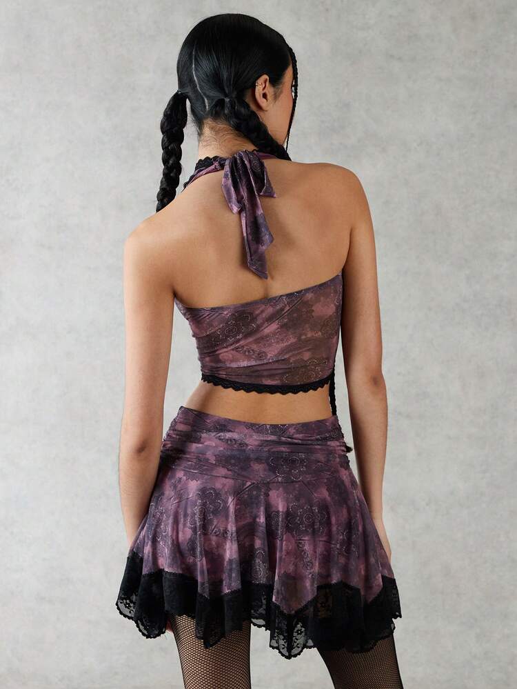 Printed Splicing Lace Halter Tank Top And Skirt