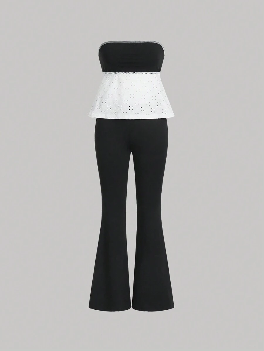 SHEIN Qutie Black & White Color Block Bandeau Top And Black Flared Pants Set - Black and White - View 1
