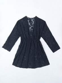Swim Vcay Beach Outfits For Woman Women's Solid Color Deep V-Neck Cut-Out Batwing Sleeve Cover Up, For Vacation, Summer Beach - Black - View 2