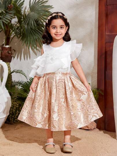 SHEIN 2入組青少女層次紋路上衣與提花a字裙套裝