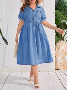 SHEIN Privé 大尺寸短袖牛仔襯衫連身裙 - 淺色水洗藍 - 查看 1