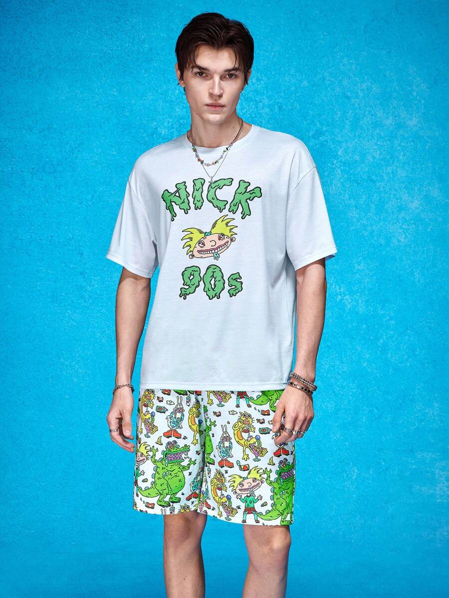 Nick 90s | SHEIN 休闲宽松针织卡通人物印花短袖T恤短裤男士两件套 - 淺灰色 - 查看 1