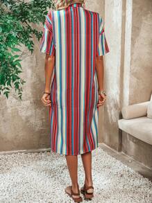 Breezaya Của phụ nữ Sọc Thả vai Ngắn tay Mở Mặt trước áo Và Bộ quần short - trái cam - Xem 2