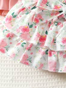 SHEIN 嬰兒女孩花卉印花優雅腰帶兩層蛋糕半身裙 - 粉色 - 查看 3
