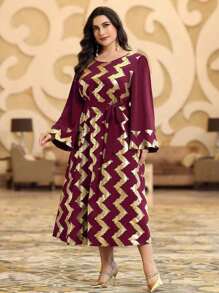 Al Najma Burgundy Red Plus Size Women's Arabic Style Long Sleeve Dress With Foil Print Herringbone Pattern