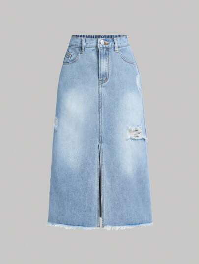 SHEIN Girlism Tween flickor Y2K vår/sommar boho denimkjol med slits och slits i nederkant