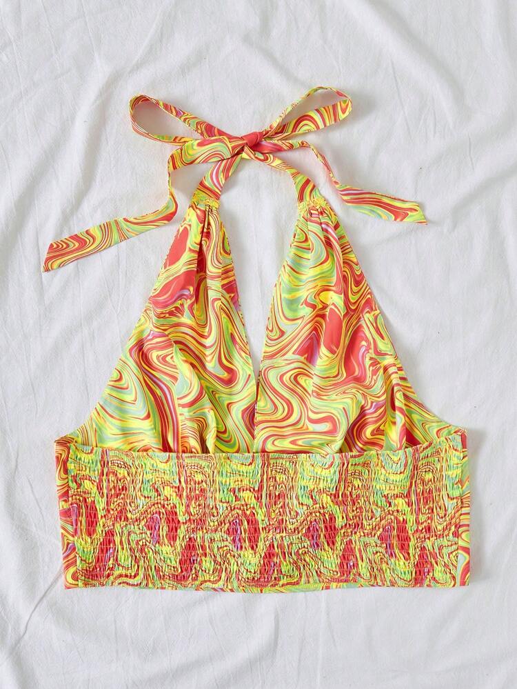 Plus Size Women's Marble Printed Halter Top For Vacation Style