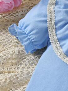 Baby Girl Jumpsuit Light Blue Vintage Floral Lace Bowknot Sweet Cute Jumpsuit