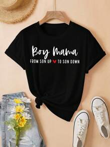 INAWLY Áo thun nữ tay ngắn in khẩu hiệu và cổ tròn, áo phông họa tiết Boy Mama FROM SON UP Love TO SON DOWN dành cho nữ - màu đen - Xem 6