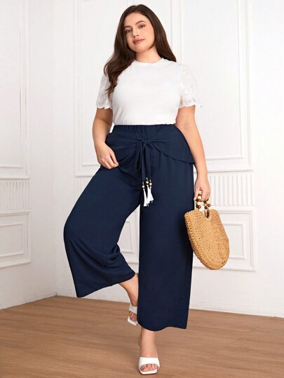 Mulvari Plus Size Solid Color Wrap Tie Wide-Leg Pants