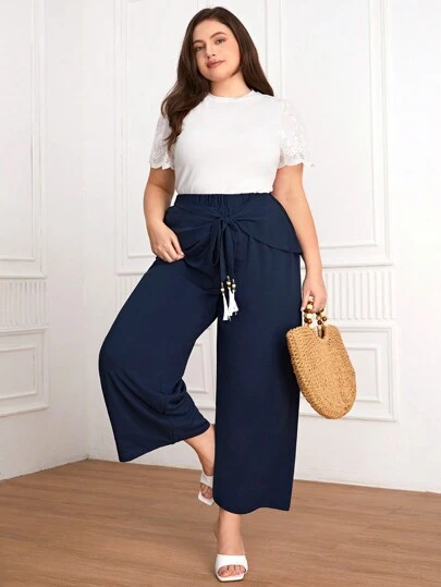 Mulvari Plus Size Solid Color Wrap Tie Wide-Leg Pants