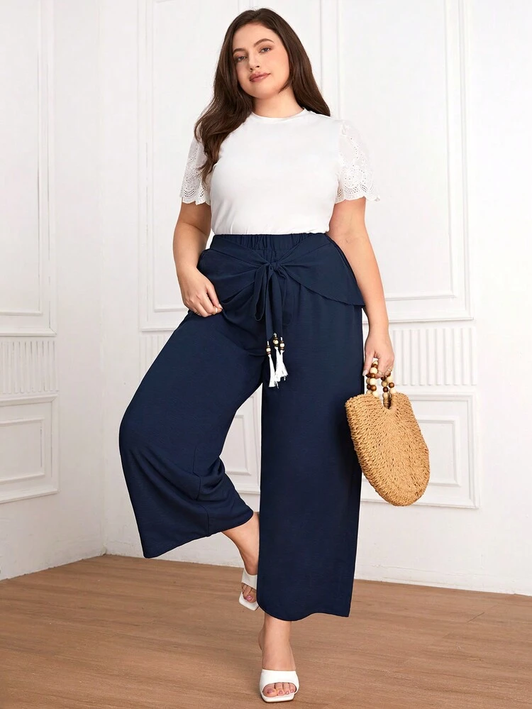 Plus Size Solid Color Wrap Tie Wide-Leg Pants