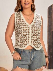 SHEIN VCAY Plus Size Casual Color Block Crochet Knitted Sweater Vest