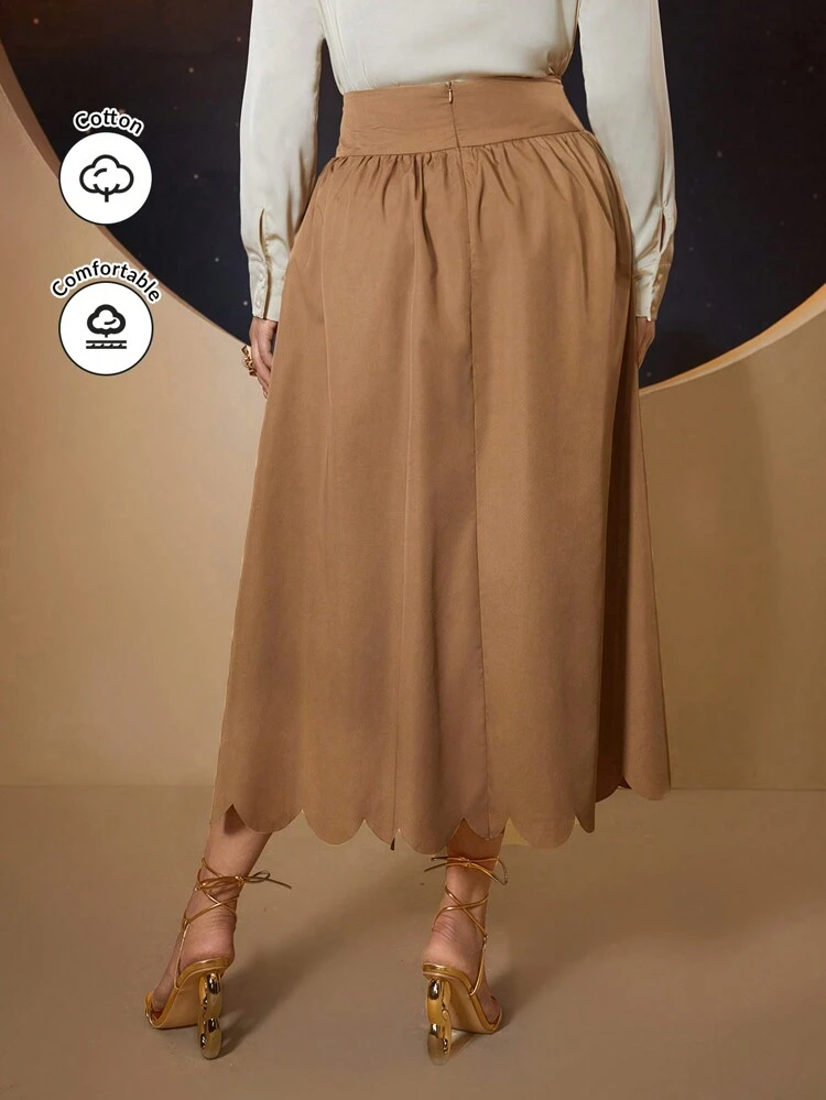 Plus Size Solid Color Scallop Hem Skirt
