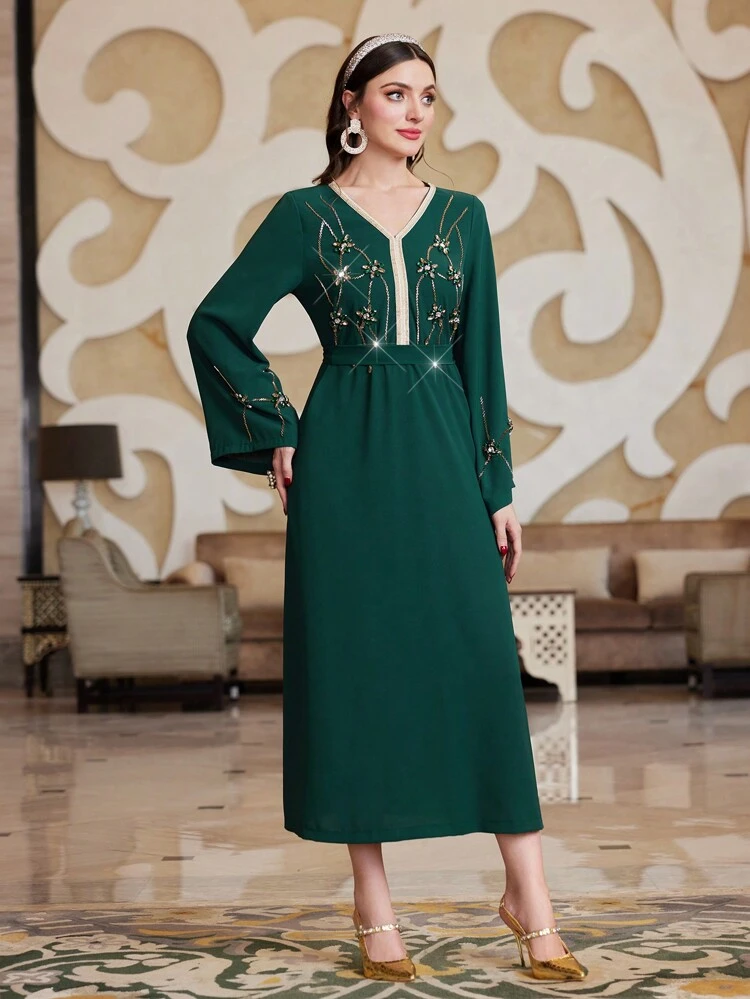 V-Neck Arabic Style Dress With Rhinestone Embellishment