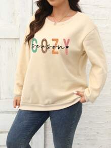 Calvaya Plus Letter Graphic Drop Shoulder Thermal Sweatshirt - Khaki - View 3