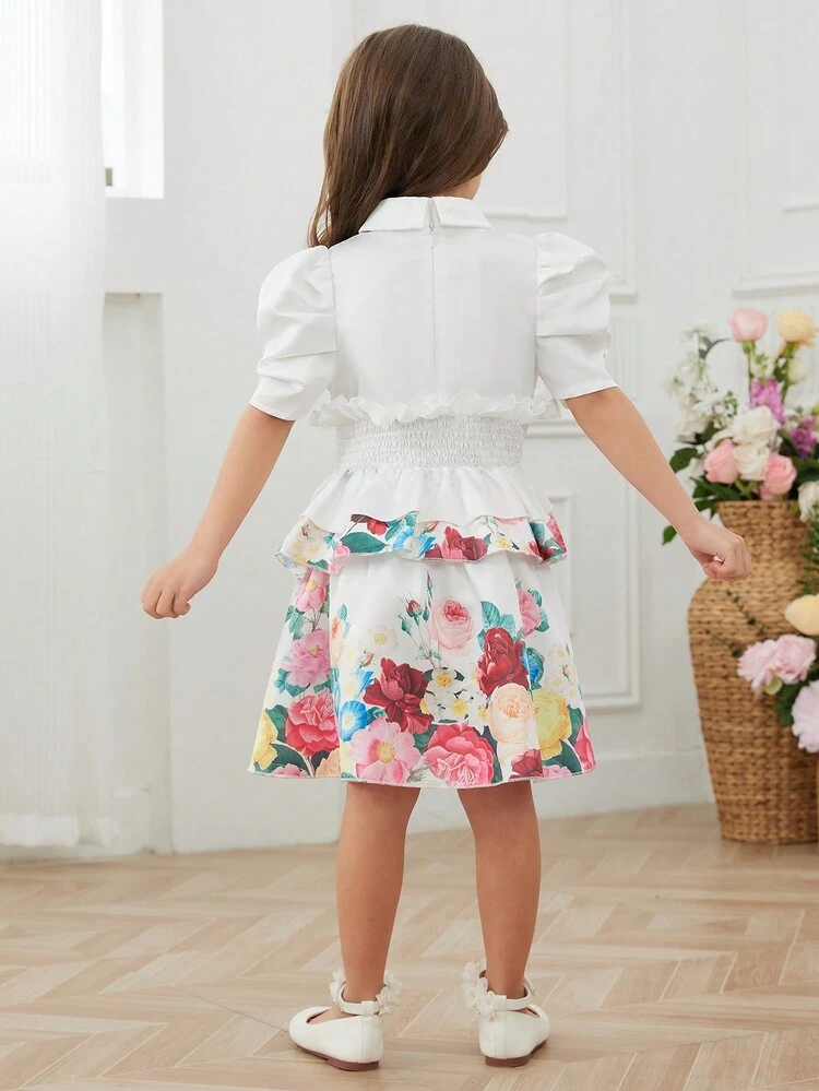 Young Girl's Floral Print Patchwork Leg-Of-Mutton Sleeve Dress
