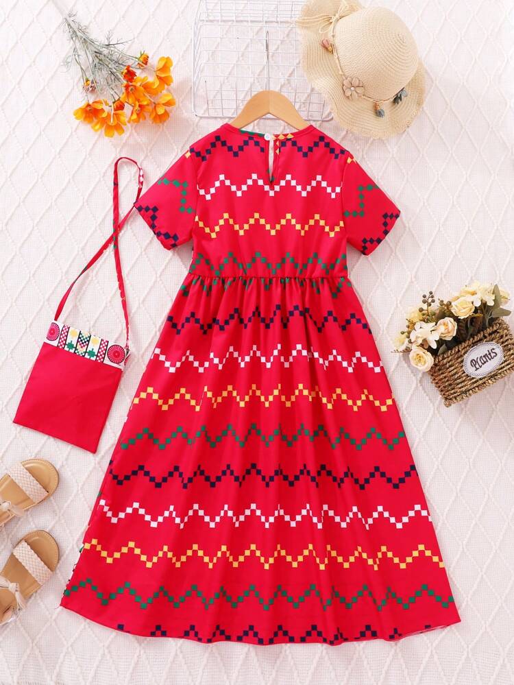 Young Girls' Geometric Printed Short Sleeve Party Dress, Summer