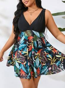 Swim Lushoire Traje de baño de dos piezas con estampado de plantas tropicales para mujer de talla grande, conjunto de tankini, traje de baño de verano, ropa de playa de verano - Multicolor - Ver 6