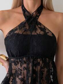 SHEIN Swim Lace Splice Halter Neck Tankini Set Summer - Black - View 3