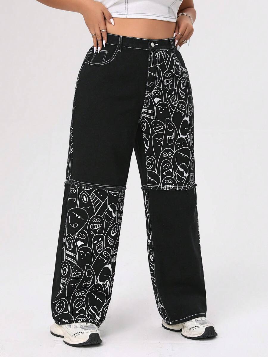 SHEIN ICON 大尺碼女卡通圖案牛仔褲 - 彩色 - 查看 1