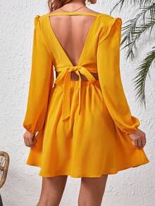 SHEIN VCAY Abito Da Donna Con Scollo A V Profondo E Increspature Con Scollo A V Profondo E Decorazioni Scollate, Retro Scoperto E Allacciatura - Giallo - Visualizzare 4