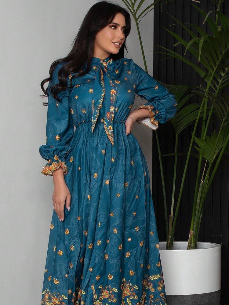 Women's Printed Belted Dress Long Evening Dresses