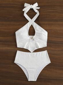 SHEIN Swim Solid Color Halter Neck Tankini Set With Hollow Out Summer - White - View 3