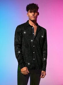 Manfinity Fever City Men Long Sleeve Shiny Sequin Shirt, Fall - Black - View 3