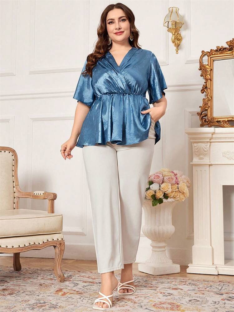 Plus Size Solid Color Jacquard Wrap-Front Shirt With Waist Belt