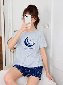 SHEIN Set Di Vestiti Per Teenager Ragazze Con T-shirt A Manica Corta E Pantaloncini In Maglia Con Stampa Di Luna Per Indossare A Casa - Multicolore - Visualizzare 7