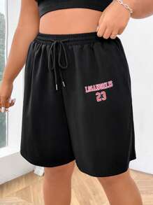 Flirla 大尺碼女式字母印花束口腰短褲 - 黑色 - 查看 3